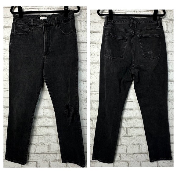 Good American Jeans Good Classic Straight Leg High Waist Ripped Stretch Black 10 - Picture 2 of 11